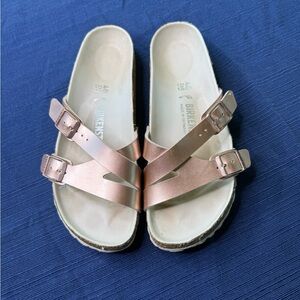 Birkenstock Yao Birko-Flor Sandals w Adjustable Straps & Cork Footbed Gold Sz 9